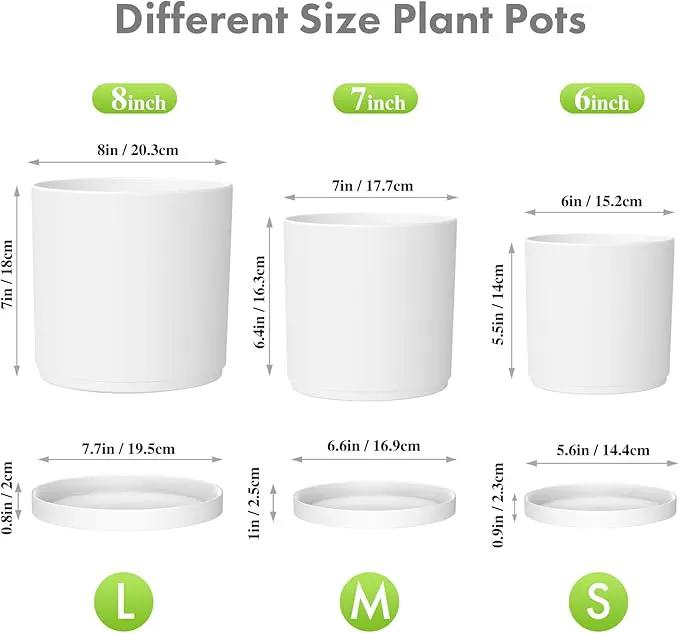 8/7/6 inch Plant Pots, Set of 3 Cylinder Flower Pots for Outdoor Indoor Plants, Decorative Plastic Planters with Drainage Holes and Saucers for Garden House Plants, White by GreenHaven Gardens