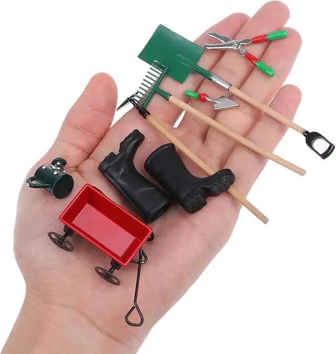 Miniature Fairy Garden Accessories Set 9 Pcs 1:12 Mini Metal Spade Pestle Kettle Wagon Rake Garden Watering Supplies Micro Landscape Ornaments Dollhouse Accessories by GreenHaven Gardens