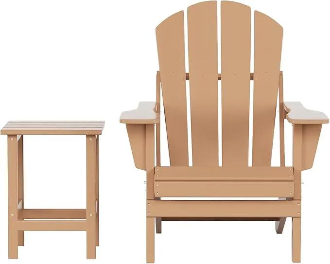 WO Home Furniture Adirondack Chair Table Set of 2 PCS Outdoor Folding Chair w Side Table Weather/UV Resistant for Lawn, Garden, Bon Fire, Balcony (Teak) by GreenHaven Gardens