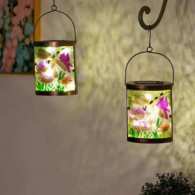 Starsoul 2 Pack Hanging Solar Lantern Outdoor Waterproof Glass Dragonfly Decorative Solar Lights for Outside Garden Yard Table Patio Decor by GreenHaven Gardens