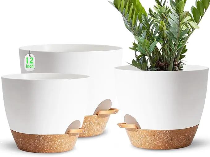 Plant Pots,12+10+9 Inch Self Watering Pots with Drainage Hole for Indoor Plants Large Flower Pot, Plants Pots Indoor Outdoor,Modern White Plastic Planters for Indoor Plants by GreenHaven Gardens