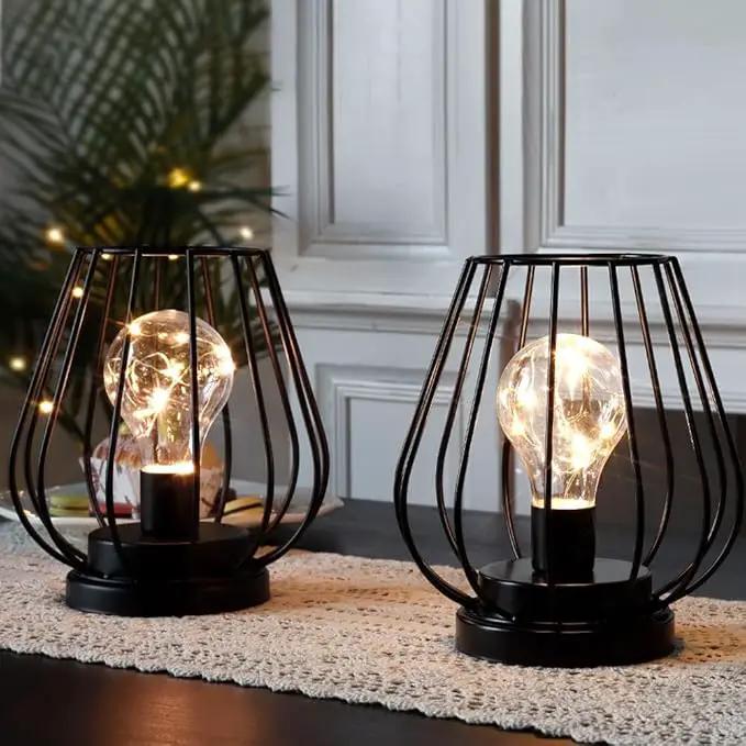 TRIROCKS Set of 2 Metal Battery Operated Lamp 7'' Tall Mini Cage Shape Cordless Table Lamp Battery Lanterns with Warm Fairy Lights Bulb for Patio Garden Wedding Parties Indoor Outdoor(Black) by GreenHaven Gardens