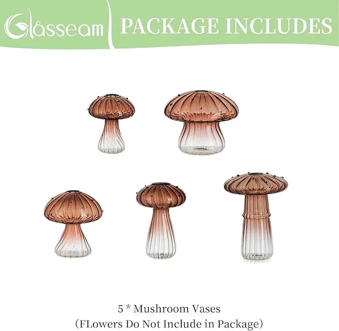 Glasseam Mushroom Plant Propagation Stations: Amber Glass Terrarium Jar Set of 5 Cute Planters for Indoor Plants Mini Propagate Station Unique Christmas Birthday Gifts for Women Home Office Decor by GreenHaven Gardens