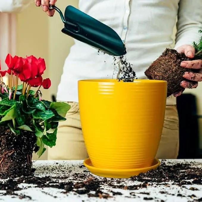 10 Inch Plant Pot - Ceramic Pot for Plants Outdoor Planter for Indoor Plants Large Plant Pot with Drainage Hole and Saucer Round Flower Pot for Home Patio Office Yellow by GreenHaven Gardens