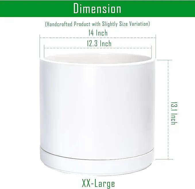 D'vine Dev 14 Inch Ceramic Planter Pot with Drainage Hole and Saucer, Indoor Cylinder Round Planter Pot, White, 94-O-G-1 by GreenHaven Gardens