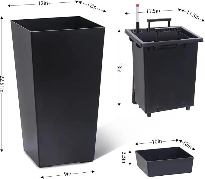 22.5" Tall Planters Set of 2, Outdoor＆Indoor Black Planter Pots, High Front Porch Planter Pots with Drainage Holes＆Water Level Monitor＆Inner Bucket, Automatic Watering, Black by GreenHaven Gardens