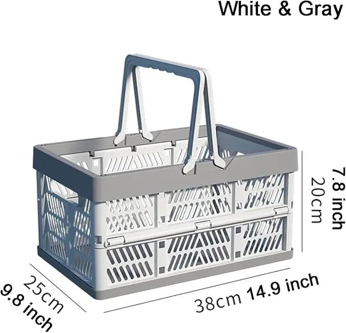 20L Plastic Collapsible Storage Crate - Foldable Handle Crate Storage Basket Bin - White & Gray M by GreenHaven Gardens
