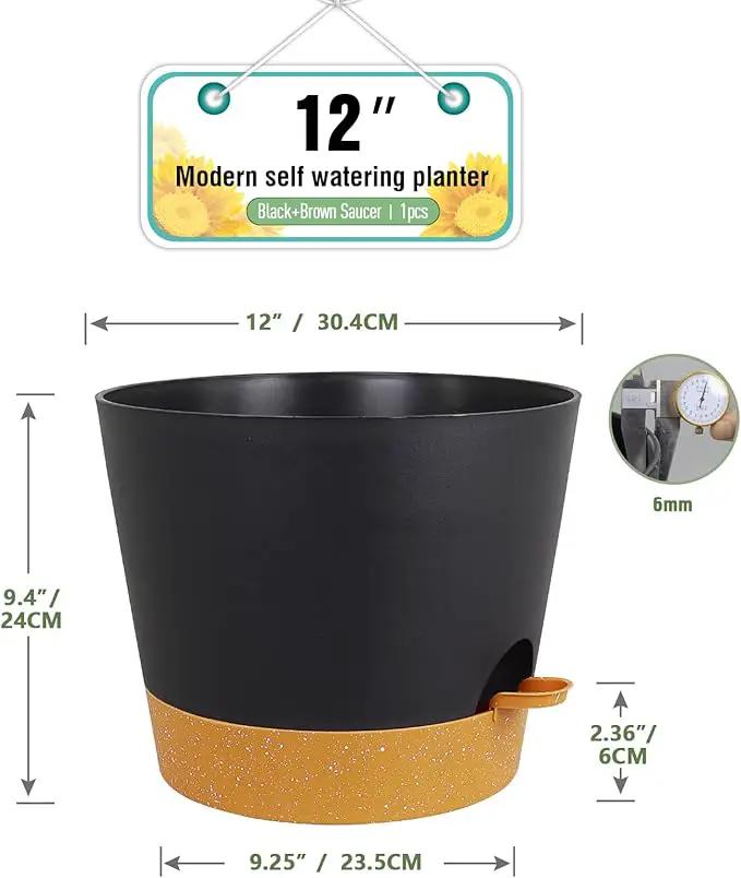 12 inch Large Self Watering Pots, Plant Pots with Mesh Drainage Holes for Indoor Outdoor Plants, Plastic Planters with Deep Reservoir for Garden House Flower Plants, Black with Brown by GreenHaven Gardens