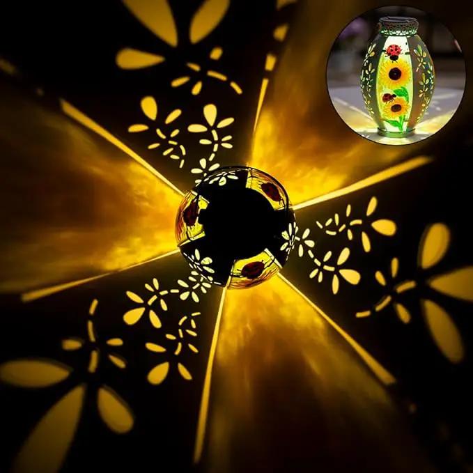 2 Pack Sunflower Solar Lantern,Retro Solar Lanterns Outdoor Waterproof,Stained Glass & Metal Hanging Solar Lantern,LED Tabletop Lamp Solar Lights,Sunflower Outdoor Solar Lanterns for Pathway by GreenHaven Gardens