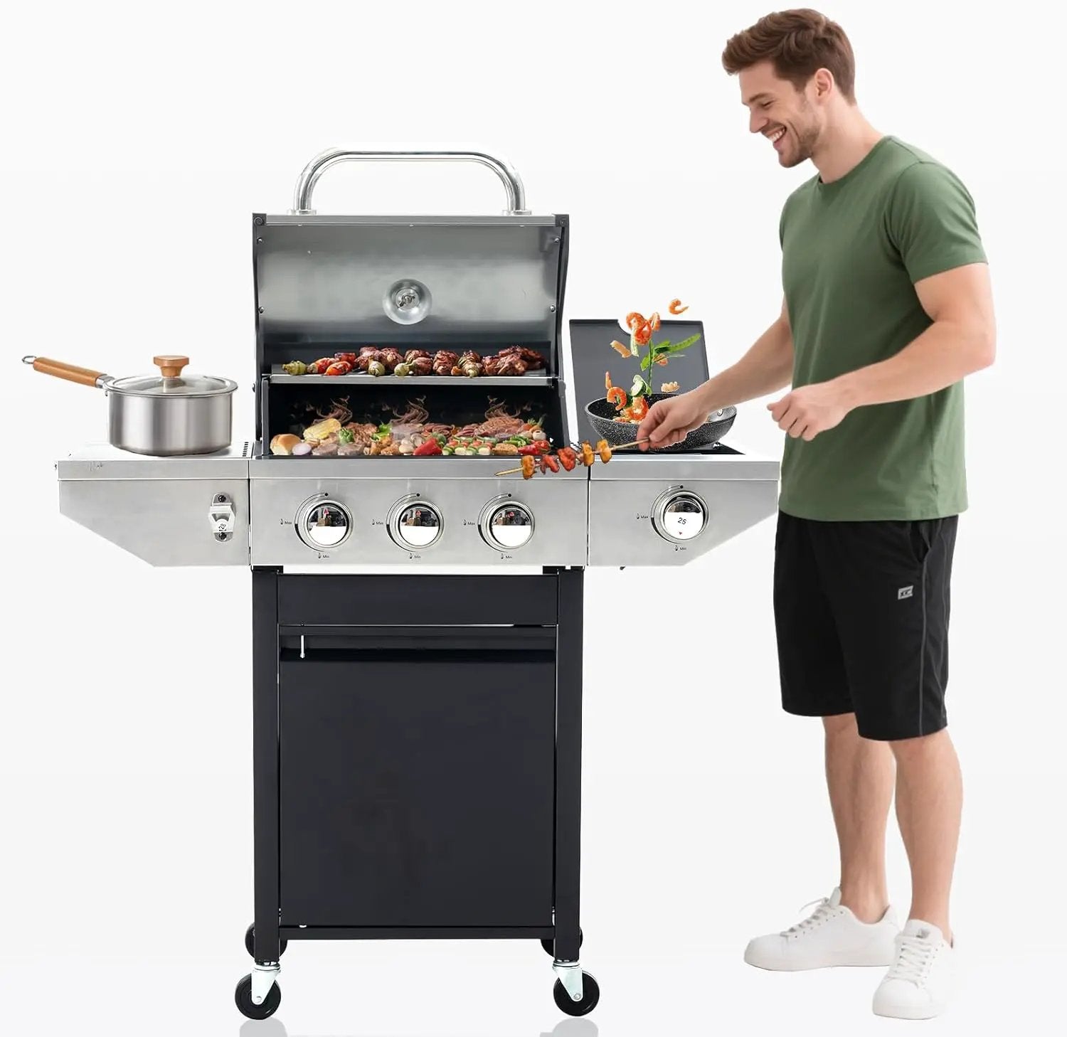 3-Burner Propane Gas BBQ Grill with Side Burner, Porcelain-Enameled Cast Iron Grates and Side Tables, 37,000 BTU Stainless Steel Grill for Outdoor Camping Barbecue Grilling Backyard Cooking by GreenHaven Gardens