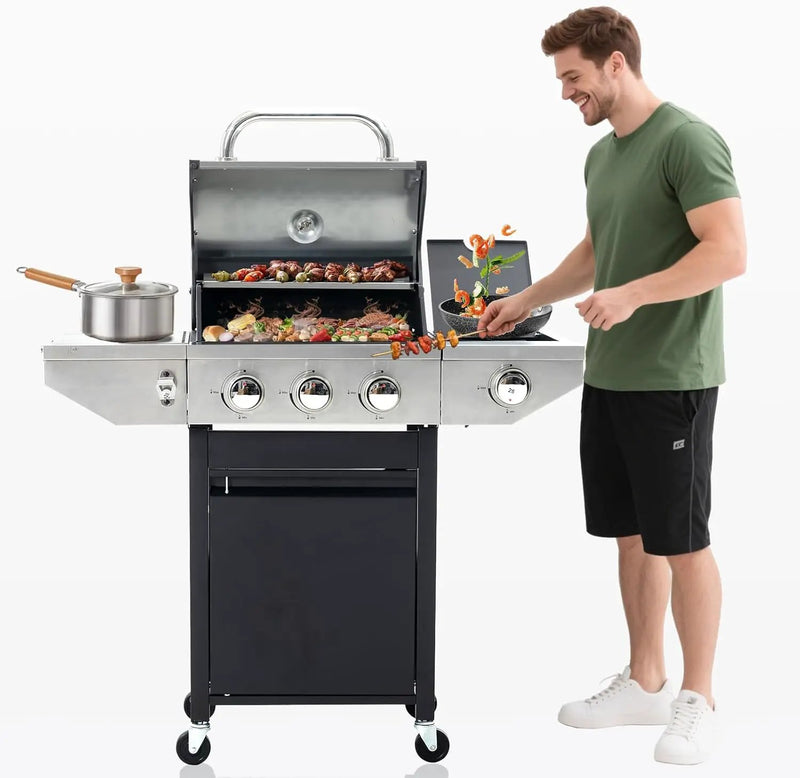 3-Burner Propane Gas BBQ Grill with Side Burner, Porcelain-Enameled Cast Iron Grates and Side Tables, 37,000 BTU Stainless Steel Grill for Outdoor Camping Barbecue Grilling Backyard Cooking by GreenHaven Gardens