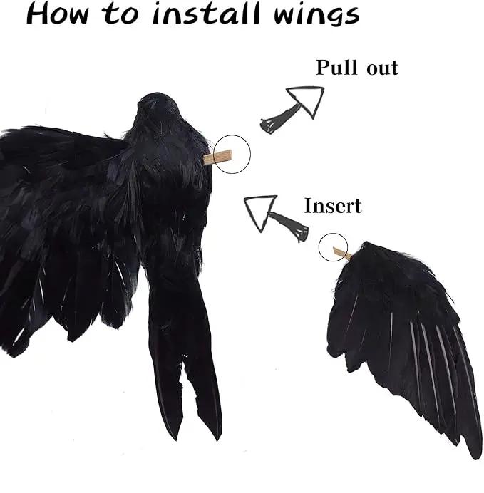 2-Pack Realistic Crows Lifesize Extra Large Handmade Black Feathered Crow for Halloween Decorations Birds, L (13 inch+12 inch) by GreenHaven Gardens