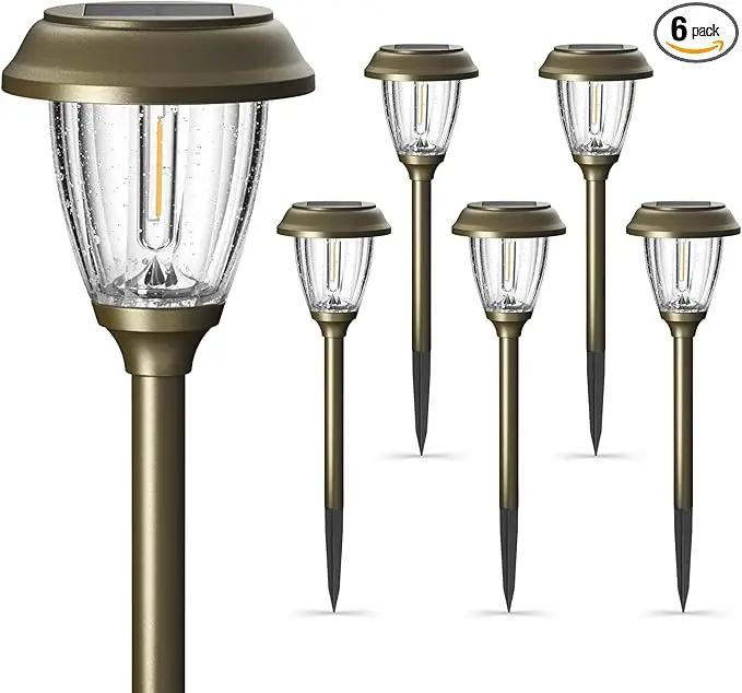XMCOSY+ Solar Lights Outdoor 10/25 LM LED with 2 Lighting Modes, Solar Garden Lights Glass and Metal, IP65 Waterproof Solar Powered for Yard Pathway Walkway Driveway Patio (6 Pack, Warm White) by GreenHaven Gardens