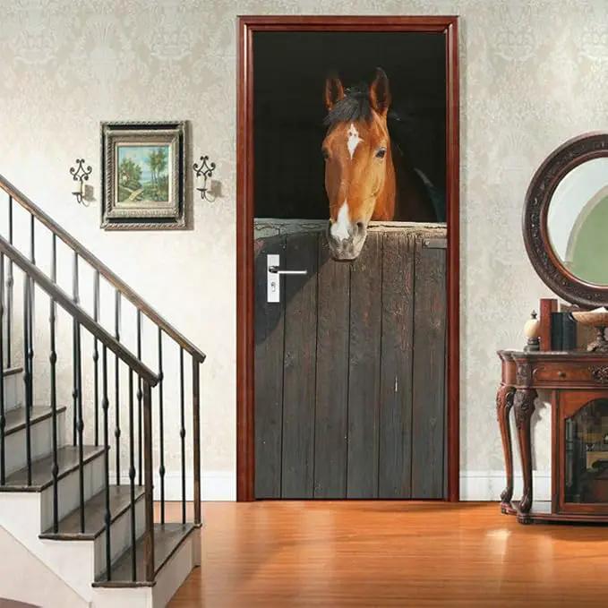 Horse 3D Door Stickers Murals - Peel & Stick - Waterproof & Washable - Matt Finish - Rustic Style - Animal Print - Rectangular - 33.9" x 78.7" - 2 Pieces by GreenHaven Gardens