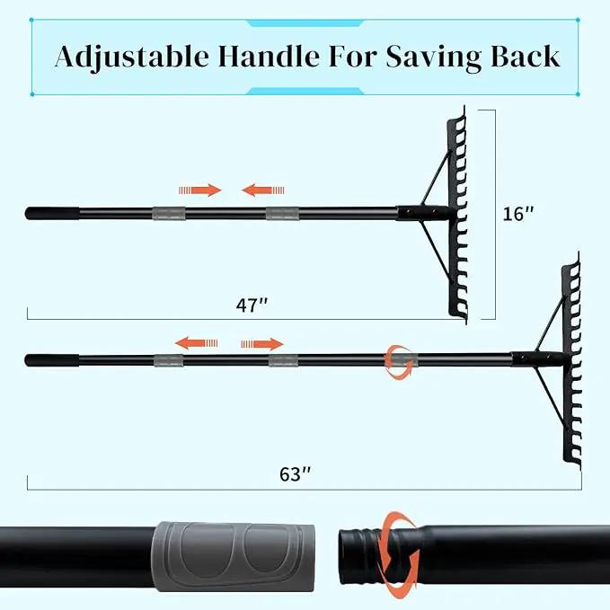 Heavy Duty Bow Rake with Stainless Steel Handle for Farming Land Management Leaf Gathering Durable Ergonomic Garden Tool with 16 Tine Head 63 Inch Assemble Long Shaft Suitable for Large Areas by GreenHaven Gardens