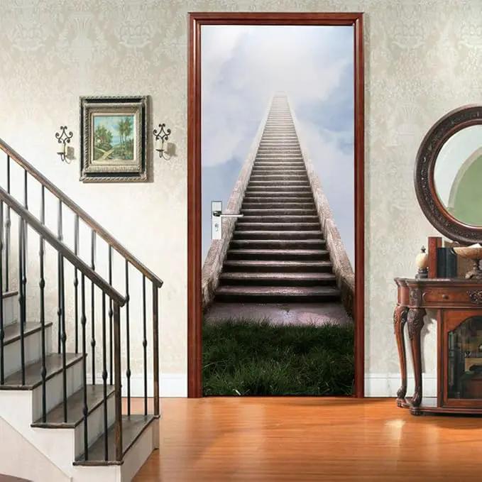 3D Door Stickers Murals - Stairs - Peel and Stick - Waterproof & Washable - Matt Finish - Modern Style - White - 33.9" x 78.7" by GreenHaven Gardens