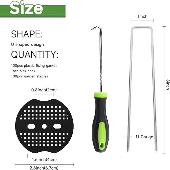 Landscape Staples Set,6 Inch 11 Gauge 100pcs Galvanized Garden Stakes + 100pcs Gaskets + 1Pick Hook,U-Shaped Tent Stakes Landscaping Fabric SOD Pins for Weed Fabric Barrier,Groud Cover,Fence by GreenHaven Gardens
