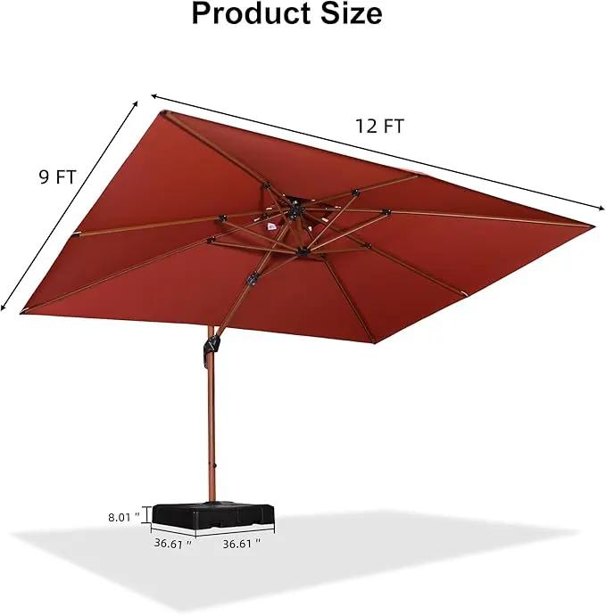 PURPLE LEAF 9' X 12' Double Top Deluxe Wood Pattern Rectangle Patio Umbrella with Base Offset Hanging Umbrella Outdoor Market Umbrella Garden Umbrella, Brick Red by GreenHaven Gardens