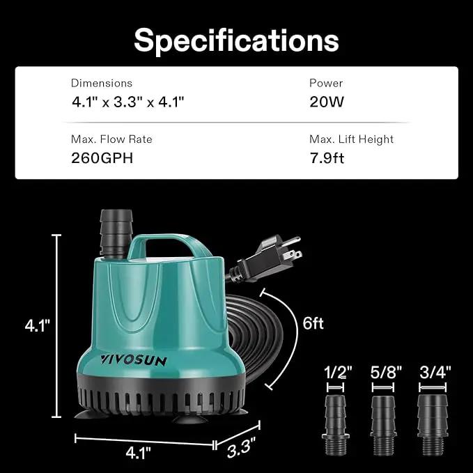 VIVOSUN 260GPH 20W Submersible Water Pump for Fish Tank, Pond, Aquarium, Hydroponic Systems with 6ft Power Cord and 3 Outlet Adapters, Blue by GreenHaven Gardens