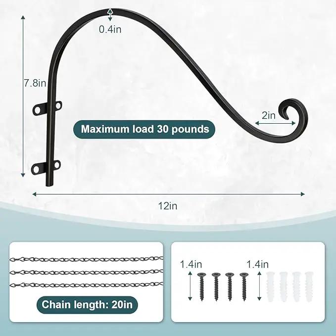 Plant Hangers Outdoor, 4 Pack 12 Inch Plant Hooks with 12 Chains for Wall Metal Plants Hanging Bracket for Bird Feeder, Flower Baskets, Wind Chimes, Lanterns, Indoor Outdoor, Black by GreenHaven Gardens