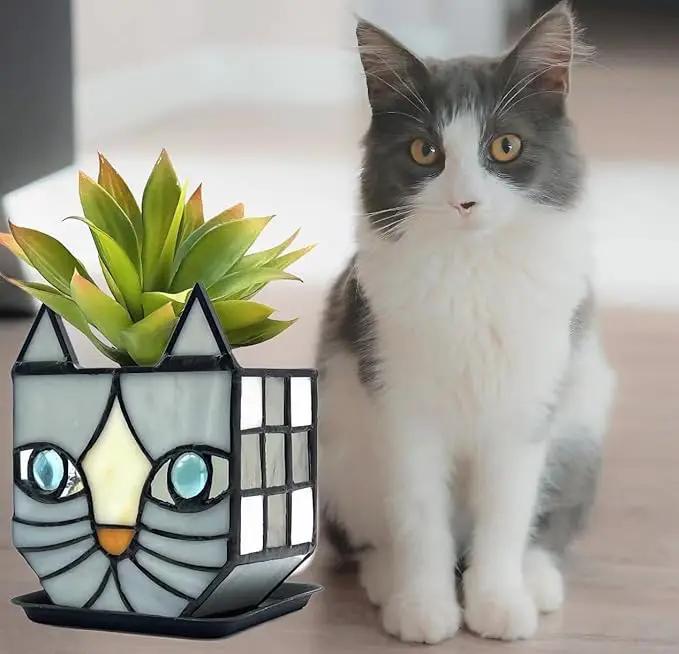 Gray Cat Glass Planter, Cat Plant Pots Indoor, Unique Small Gray Cat Planter, Glass Gap Automatic Drainage System and Base Saucer, Window Sill Cat Decoration Gift,4.6x5.15x2.3IN (Gray) by GreenHaven Gardens
