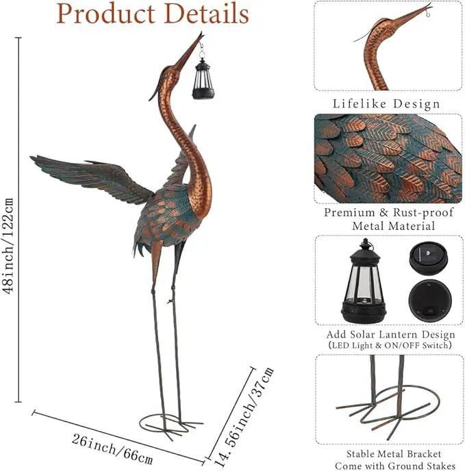 48'' Heron Garden Statue, Large Crane Outdoor Statue with Solar Lantern, Crane Bird Metal Yard Art for Outside Backyard, Pond, Porch Decor by GreenHaven Gardens