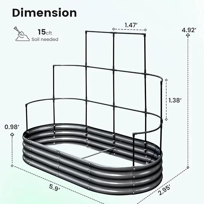 KING BIRD Raised Garden Bed with Wall Trellis Galvanized Planter Garden Box Outdoor for Gardening, Climbing Vegetables, Flowers 5.9x2.95x0.98 Ft, Dark Grey by GreenHaven Gardens