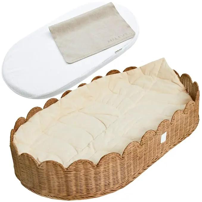 BEBE BASK Premium Baby Changing Basket - Artisan-Crafted Scalloped Rattan - Changing Basket for Baby Dresser - All Accessories Included - Complete Set for Nursery (Mocca) by GreenHaven Gardens