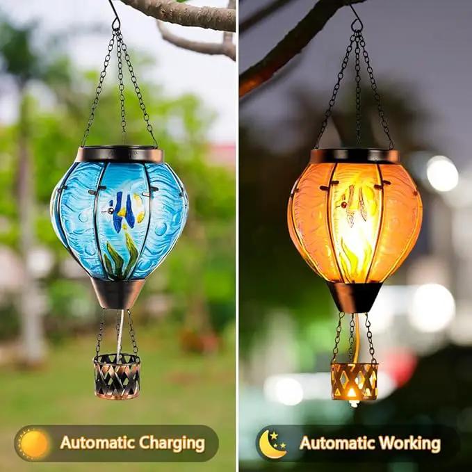 Blue Fish Hot Air Balloon Solar Lantern with Flickering Flame Light,Glass Hanging Solar Lanterns Outdoor Waterproof,Hot Air Balloon Decorative Lights for Patio Yard Porch Garden Gift for Women by GreenHaven Gardens