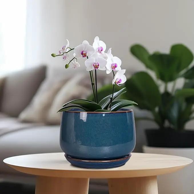 G EPGardening Ceramic Pot for Plants - Modern 7 Inch Round Planter with Drainage and Tray Indoor Outdoor for Flower, Porch Decor, Gardening Gifts, Retro Blue by GreenHaven Gardens