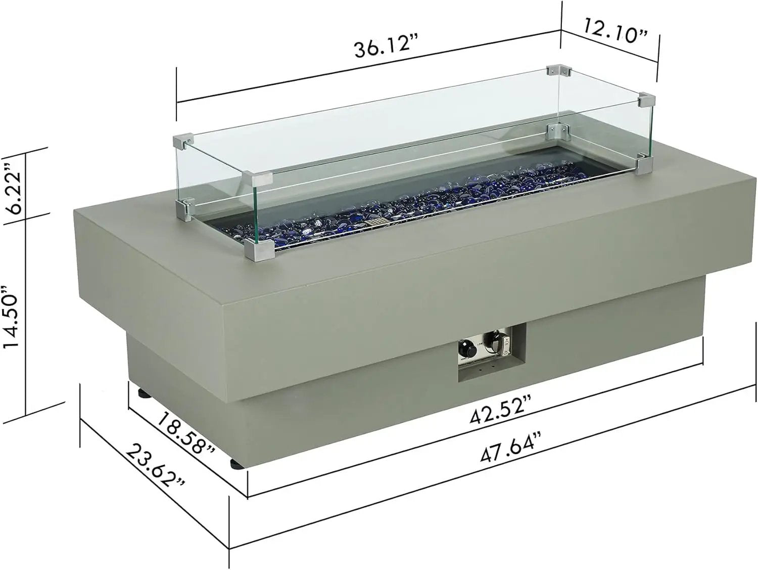 48-inch Fire Table with 20lb Propane Tank Cover & Wind Glass Shield, 50,000BTU Outdoor Modern Patio Fire Pit Table w/Rectangular Burner Lid, Glass Rocks, Pre-Attached 10ft External Gas Hose by GreenHaven Gardens