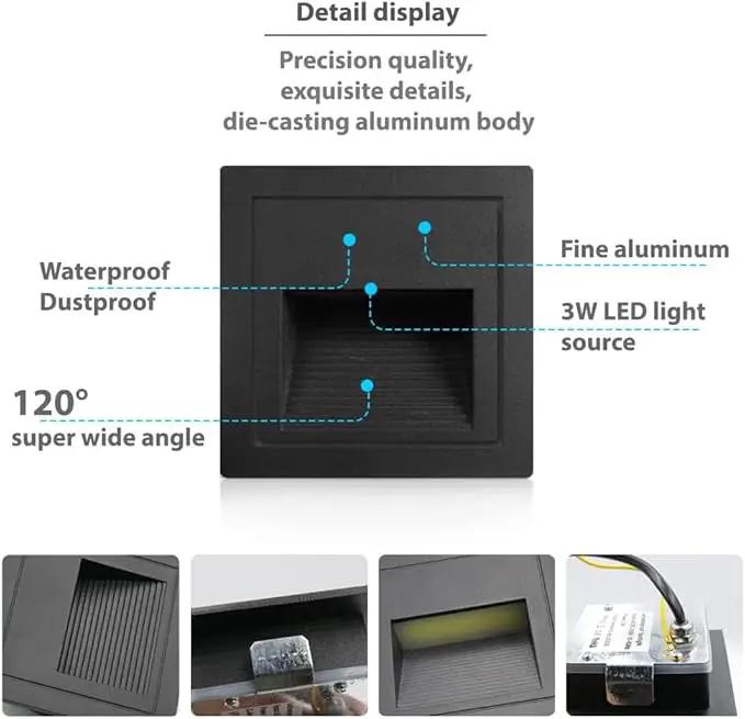 4Pack 3W LED Recessed Wall Light,120V Step Lights Warm White 3000K, IP65 Waterproof Stair Light Staircase Light lamp, Inside Outside Garden Balcony Corridor, Aluminum,Black by GreenHaven Gardens