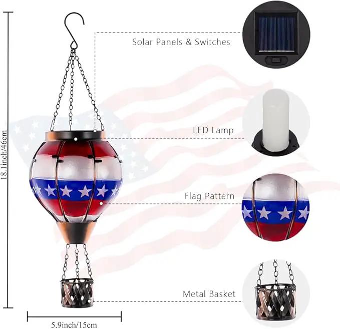 DREAMSOUL Flag Hot Air Balloon Solar Lantern, Glass Solar Lantern with Flickering Flame, Hanging Waterproof Solar Lanterns Outdoor Flag Day for Patio Decor, Fourth of July Decorations Christmas Gifts by GreenHaven Gardens