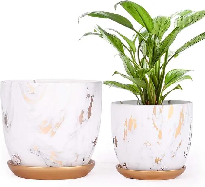 7 Inch Ceramic Plant pots (Set of 2), 7 Inch 5.5 Inch Modern Flower Planter, Gold Marble Gardening Pots with Drainage Hole and Saucer for Outdoor Indoor Yard Garden Home Office Decoration. by GreenHaven Gardens