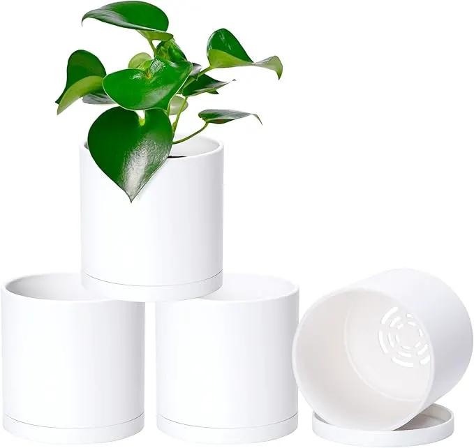 D'vine Dev 4 Pack 5 Inch Modern Plastic Plant Pots, Small Garden Planters for Plant with Drainage Holes and Saucers, White Color, 74-Z-G-2 by GreenHaven Gardens