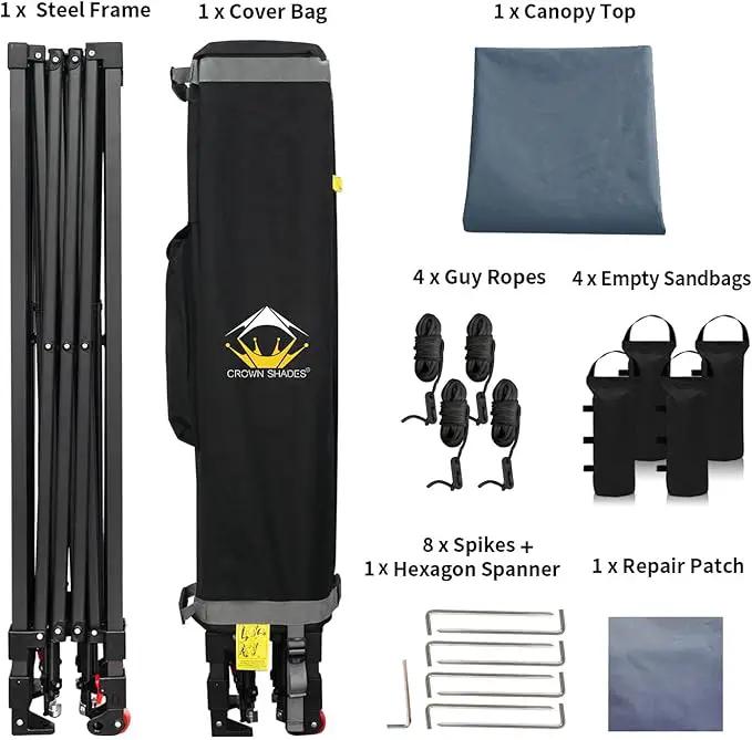 CROWN SHADES 10x10 Pop Up Canopy Tent - Patented Center Lock One Push Instant Outdoor Canopy Beach Tent with STO-N-Go Bag 8 Stakes & 4 Sand Bags，Grid Grey by GreenHaven Gardens