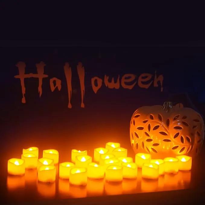 CANDLE CHOICE Battery Operated Flameless Tea Lights Orange Flickering LED Electric Fake Votive Tealight Candles Halloween Pumpkin Thanksgiving Christmas Decorations Centerpieces 24 Pack Batteries Incl by GreenHaven Gardens