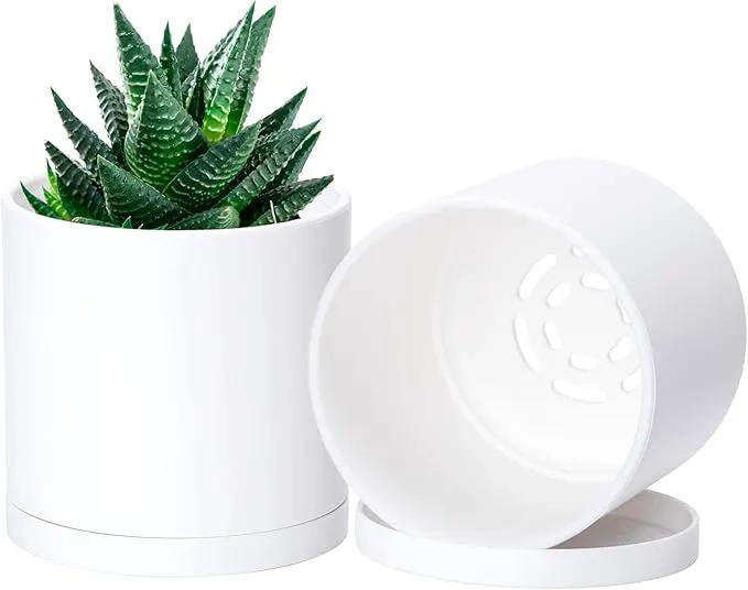 D'vine Dev 2 Pack 4 Inch Modern Plastic Plant Pots, Small Garden Planters for Plant with Drainage Holes and Saucers, White Color, 74-Z-E-1 by GreenHaven Gardens