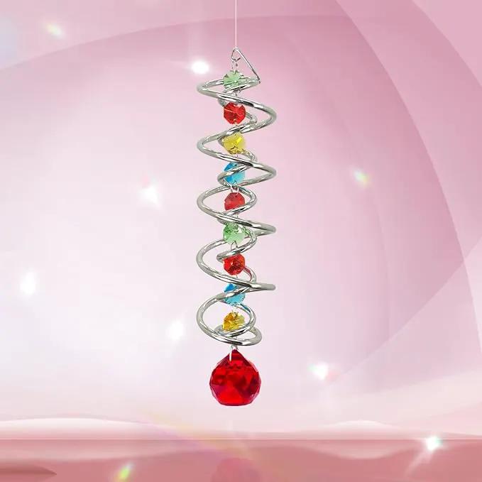 FONMY Gazing Ball Spiral Tail -Decorative Wind Spinner Sun Catcher Rainbow Maker Double-Spiral W/Red Crystal Ball and Chain Crystals for Indoor Outdoor Garden Decoration -14 inch Height by GreenHaven Gardens