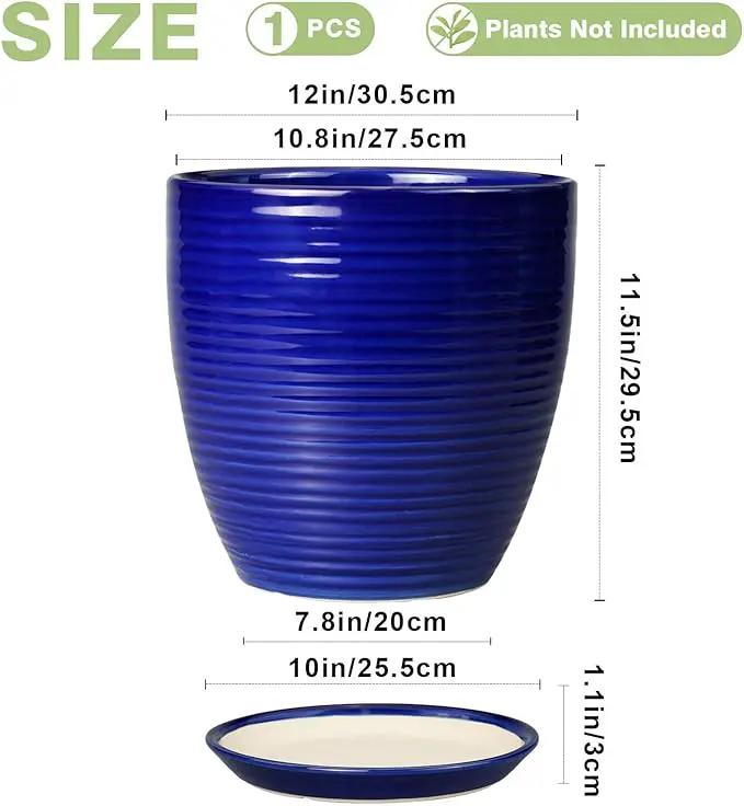 Ceramic Planter Pot - 12 Inch Pot for Plants Large Indoor Plant Pot with Drainage Hole and Saucer Fluted Round Planter for Outdoor Plants Flower Pot for Home Garden Blue by GreenHaven Gardens