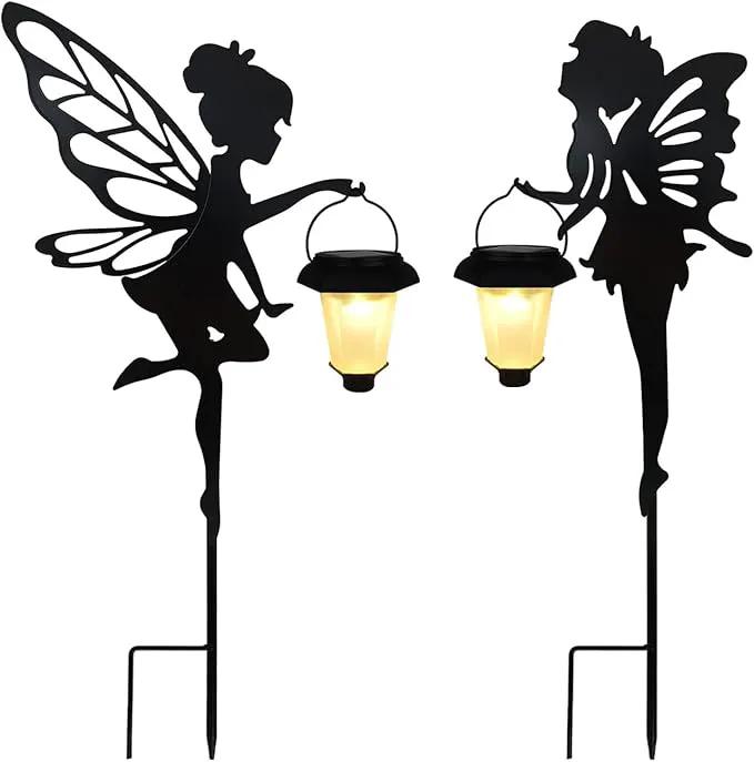 Solar Fairy Garden Stake Decorative Lantern, 2 Pack Metal Fairy Angel Garden Silhouette Lights for Lawn, Pathway, Patio, Yard Outdoor Decor by GreenHaven Gardens