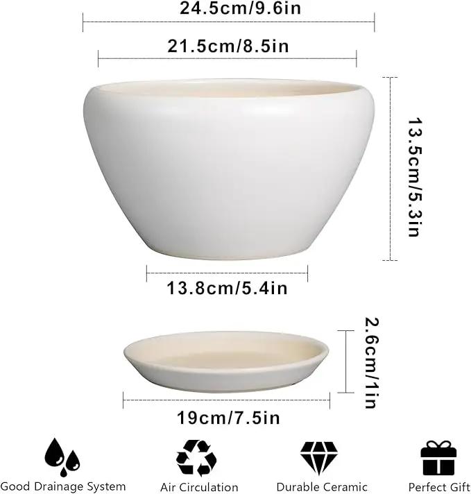 Ceramic Planter - 9 Inch Plant Pot Indoor with Drainage Hole and Saucer for Outdoor Plants Mid-Century Round Planter Modern Flower Pot for House Garden White by GreenHaven Gardens