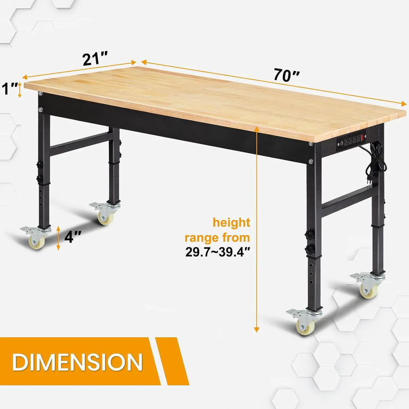 70'' Adjustable Workbench, Rubber Wood Top Work Bench Heavy-Duty Work Table with Socket, Wheels and Fixed Legs 2000 LBS Load Capacity Hardwood Sewing Table for Garage, Workshop, Home, Office by GreenHaven Gardens