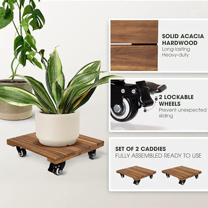 Idzo 2-Pack 12 Inch Acacia Wood Rolling Square Plant Caddy for Plant Pots, Heavy Duty Plant Stand with 360° Lockable Wheels, 264 lbs Capacity Caddy for Indoor and Outdoor Use, Natural Wood by GreenHaven Gardens