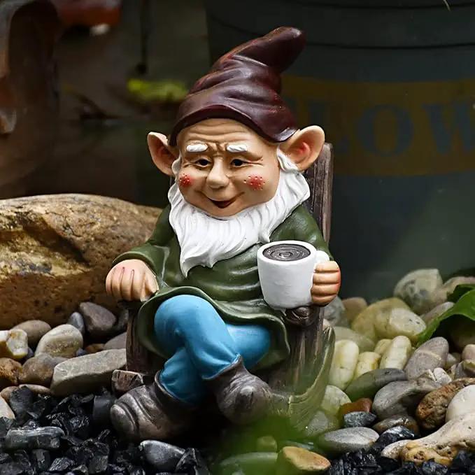 OwMell Drinking Coffee Garden Gnome Statue Decoration 7.3" Figurine Ornament for Indoor Outdoor Home Patio Yard Lawn by GreenHaven Gardens