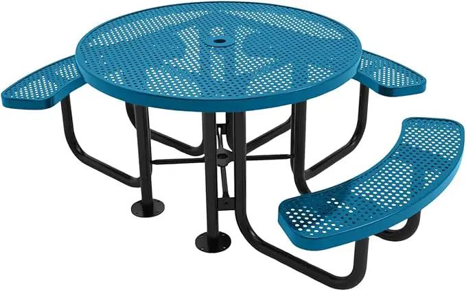 Heavy-Duty Portable Outdoor Picnic Table with Umbrella Hole, Punched Steel Patio Dining Furniture Made in America (46" Round Top, Light Blue) by GreenHaven Gardens