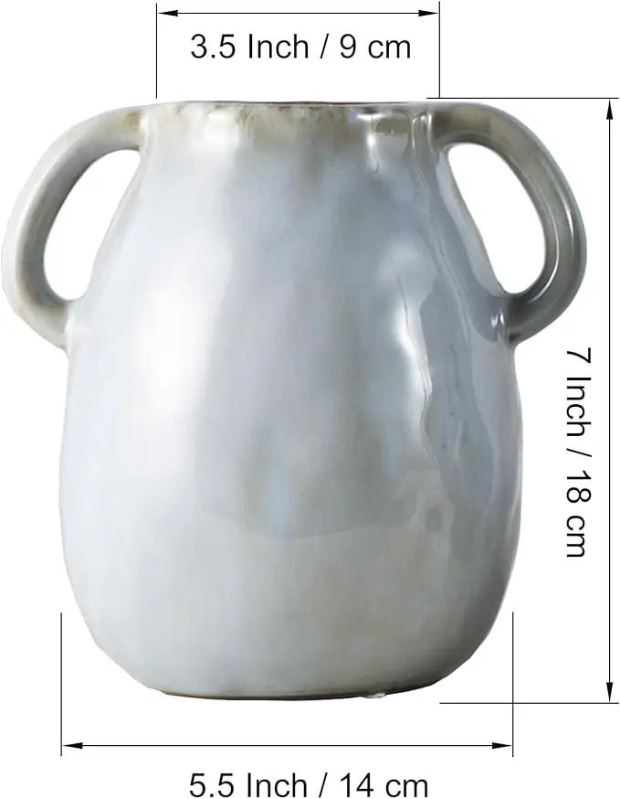 Gray Ceramic Vase with 2 Handles, Modern Farmhouse Decor, Rustic Terracotta Pottery, Decorative Flower Vases, Clay Small Vase, Centerpiece for Dining Table - 7 Inch Tall by GreenHaven Gardens