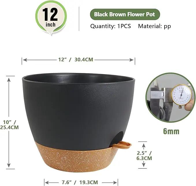 12 inch Large Self Watering Pots, Plant Pots with Mesh Drainage Holes for Indoor Outdoor Plants, Plastic Planters with Deep Reservoir for Garden House Flower Plants, Black with Brown by GreenHaven Gardens