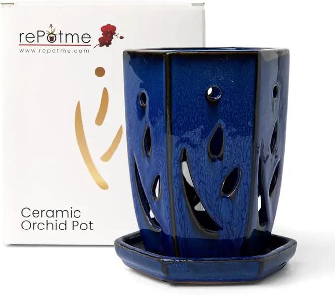 rePotme 4 x 6 inch Hexagon Ceramic Orchid Pot with Holes (Midnight Blue) - Ideal Plant Pot for Repotting Orchids and Other Flowers - Indoor/Outdoor by GreenHaven Gardens
