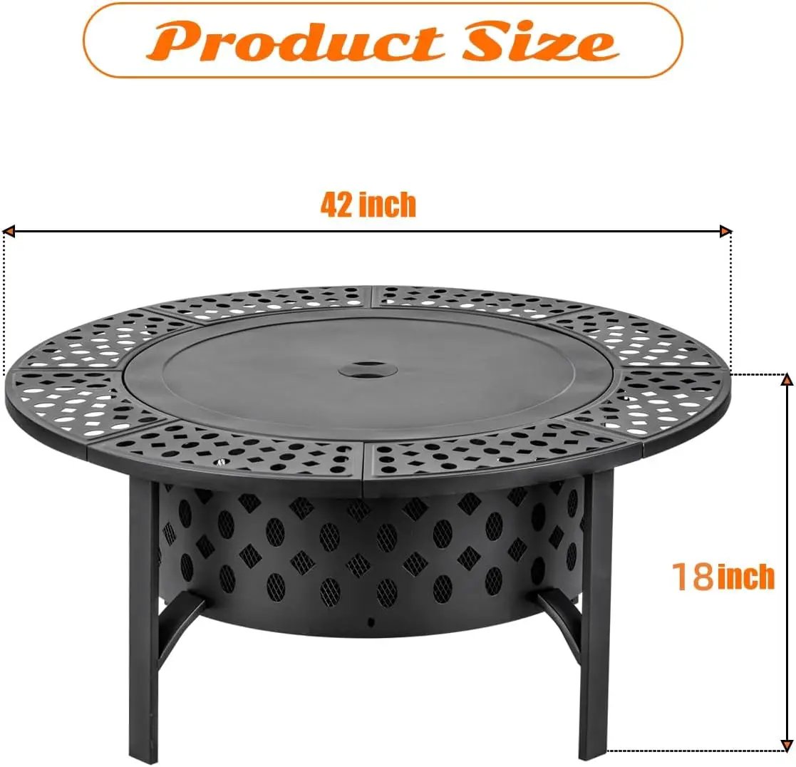 42 Inch Fire Pit with 2 Grills, Extra Large Wood Burning Fire Pits for Outside with Lid & Poker, Heavy Duty Firepit,BBQ& Outdoor Firepit & Round Metal Table 3 in 1 for Patio, Picnic, Party by GreenHaven Gardens